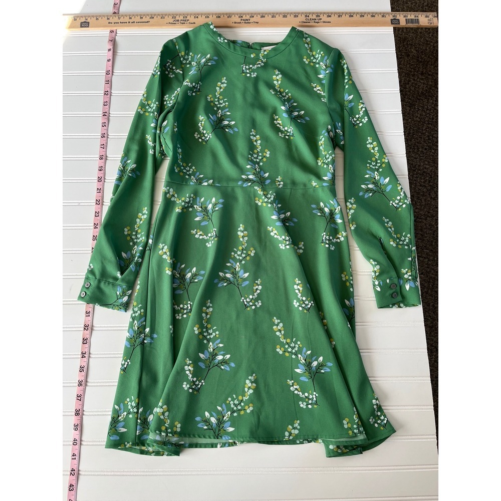 224- LOFT Green Botanical Floral Fit & Flare Dress Long Sleeve Crew Neck Size 2